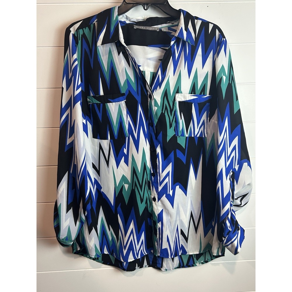 Valerie Stevens Long Sleeve Button Up Shirt Womens Large Chevron Sheer